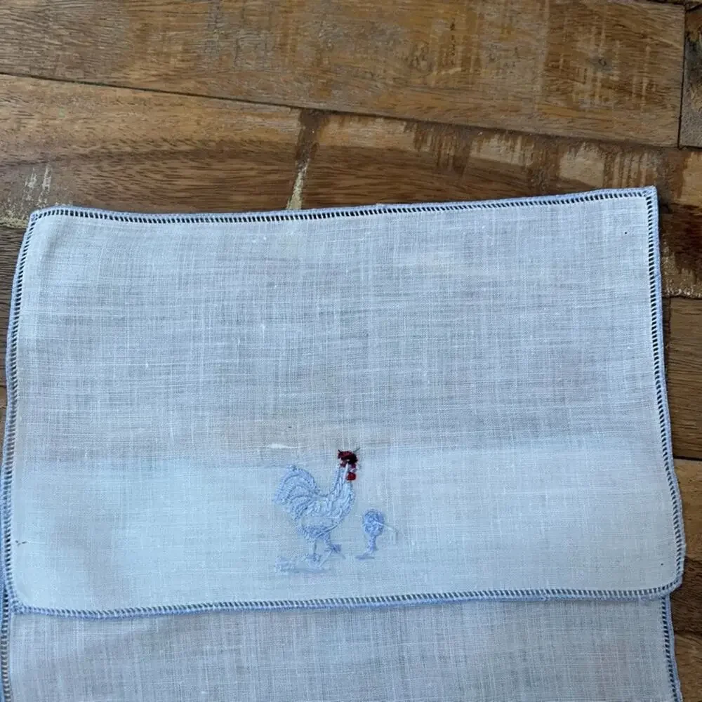 Madeira Linen Cocktail Napkins Set of 16 Hand-Embroidered Blue Rooster Drink